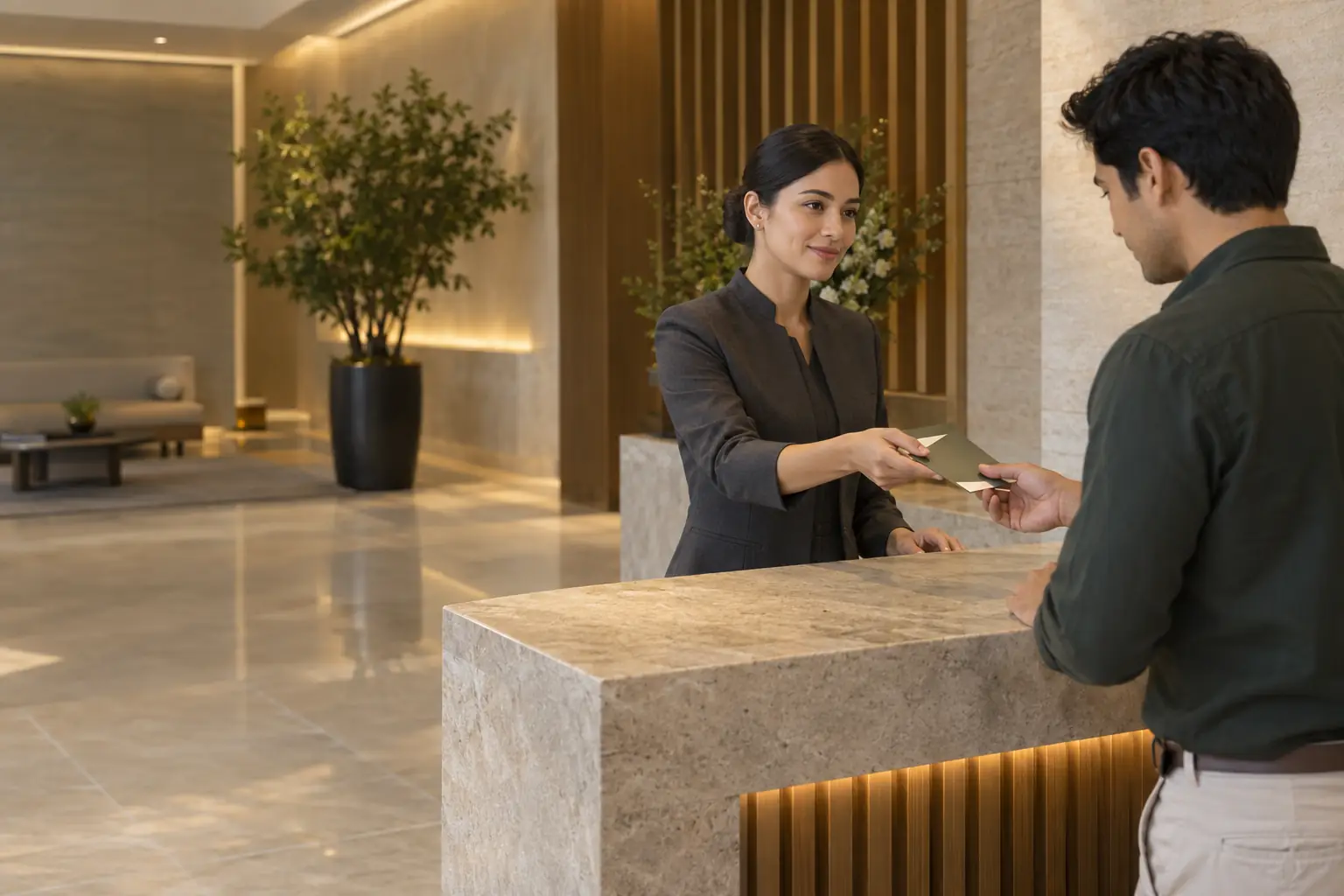 Una recepcionista profesional atendiendo amablemente a un cliente en el mostrador