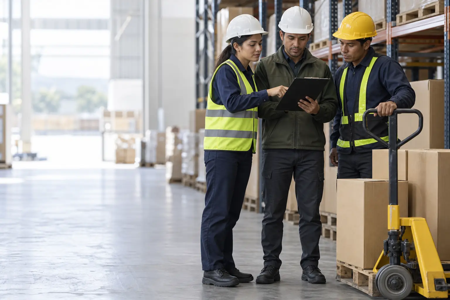 Equipo de logística con chalecos y cascos revisando inventario en un almacén