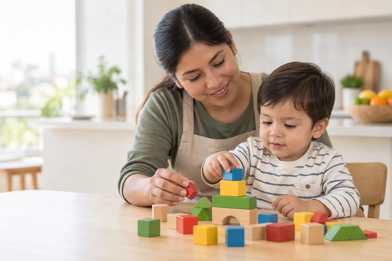 Una niñera atenta y sonriente jugando con un niño pequeño armando bloques de madera