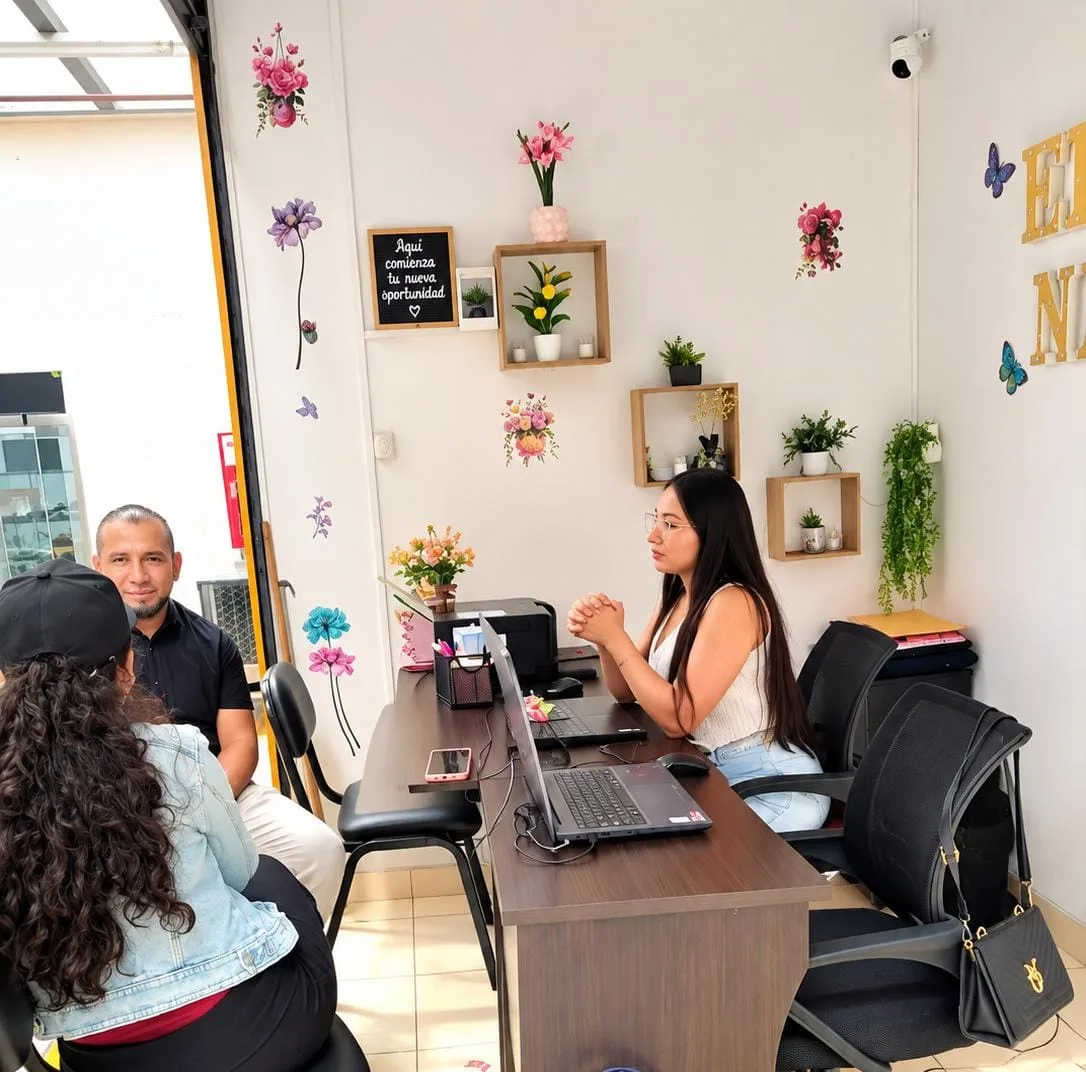 Atención personalizada en la oficina de NAYUMI: el equipo conversando cara a cara con una familia sobre su búsqueda